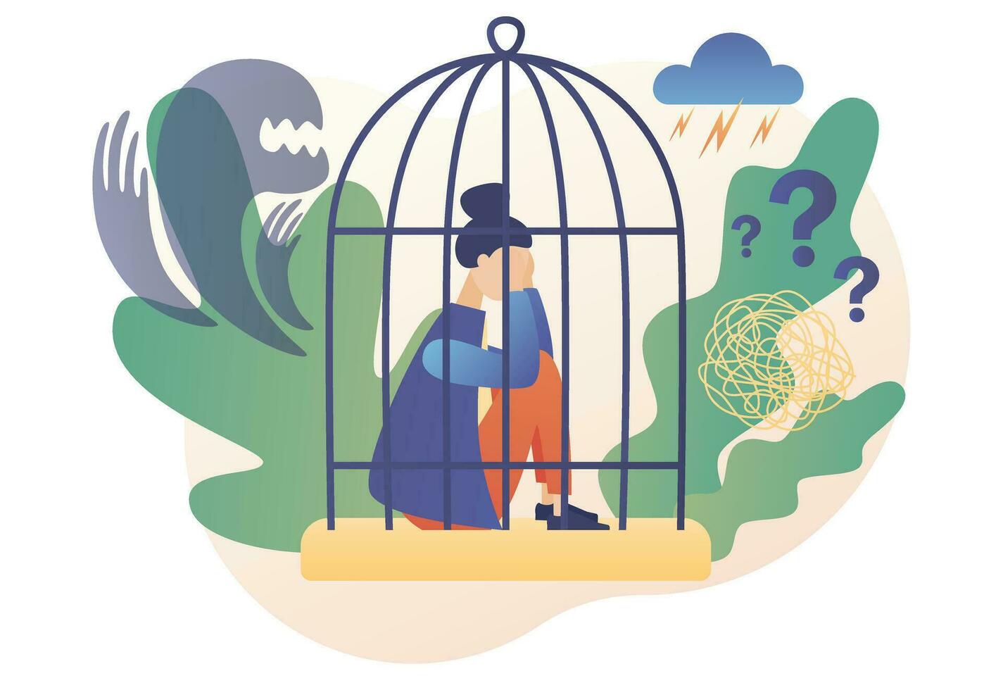 Woman in cage due inner fears. Psychology, solitude, fear or mental health problems, depression. Phobias, anxiety, panic attack. Modern flat cartoon style. Vector illustration on white background