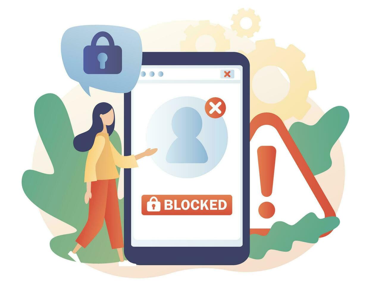 Account blocked. Data protection concept. Hacker cyber attack, censorship or ransomware activity security. Cyber crime. Modern flat cartoon style. Vector illustration on white background