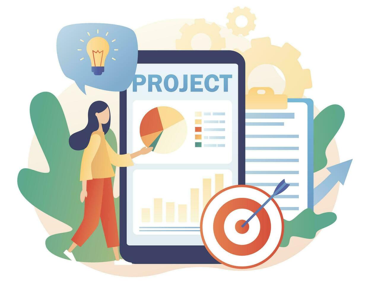 Project management. Successful strategy, motivation and leadership. Marketing analysis and development in smartphone app. Modern flat cartoon style. Vector illustration on white background