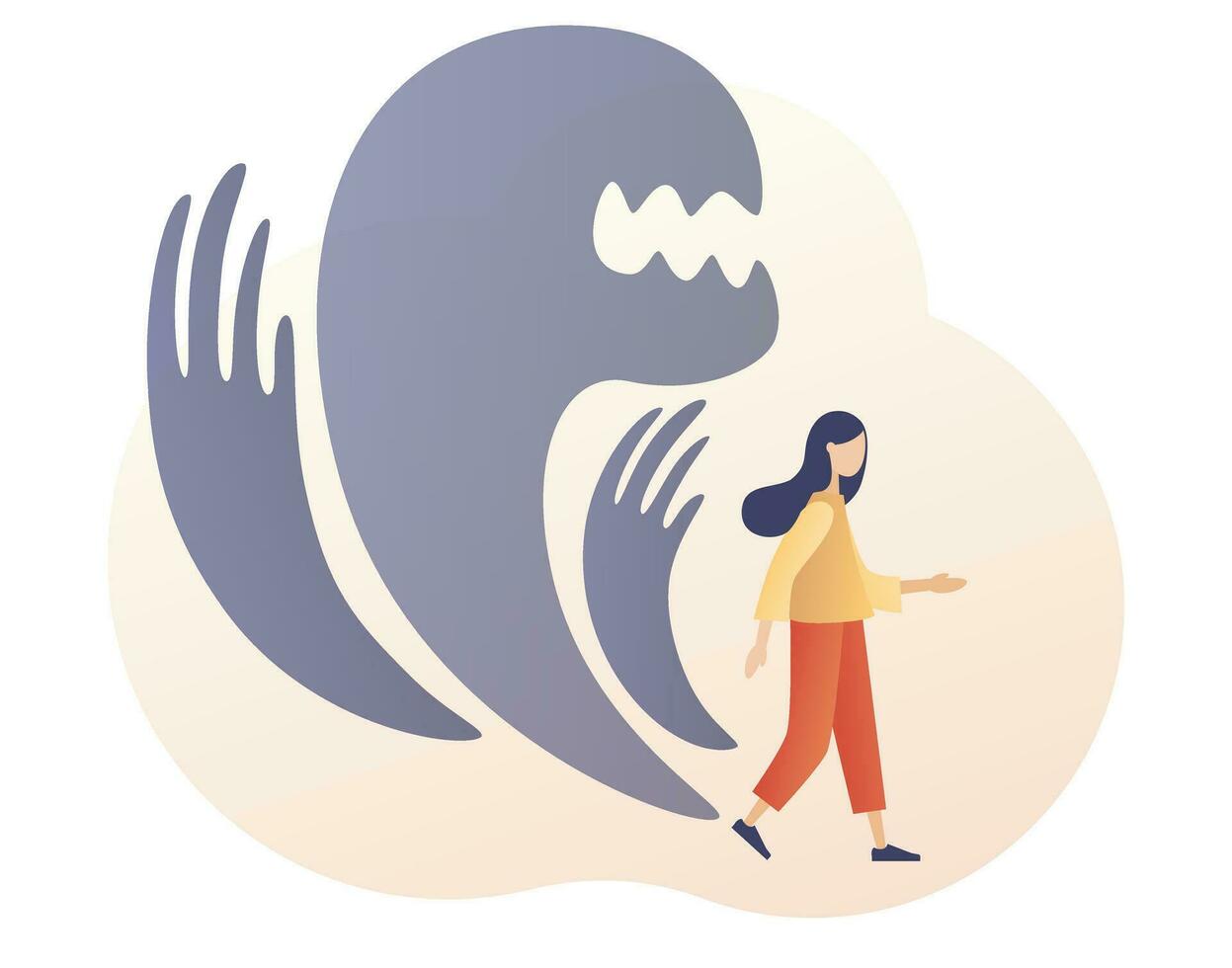 Woman runs away from ghosts chasing her. Fear attack concept. Phobias, anxiety, panic attack. Psychology, solitude, fear or mental health problems, depression. Modern flat cartoon style. Vector