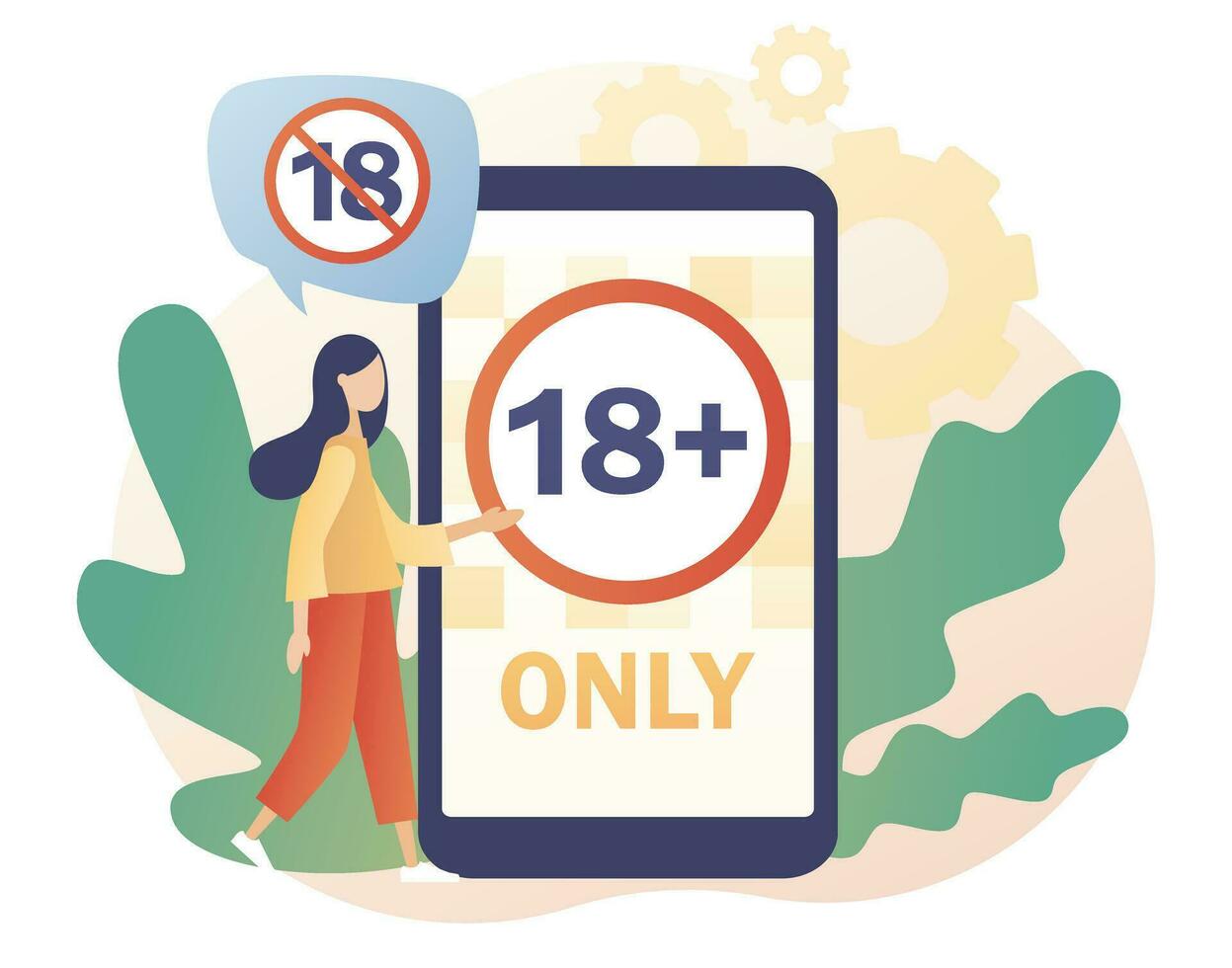 18 restriction sign on smartphone screen. Adult only. Age limit symbol. Prohibition sign for people under eighteen years of age. Modern flat cartoon style. Vector illustration on white background