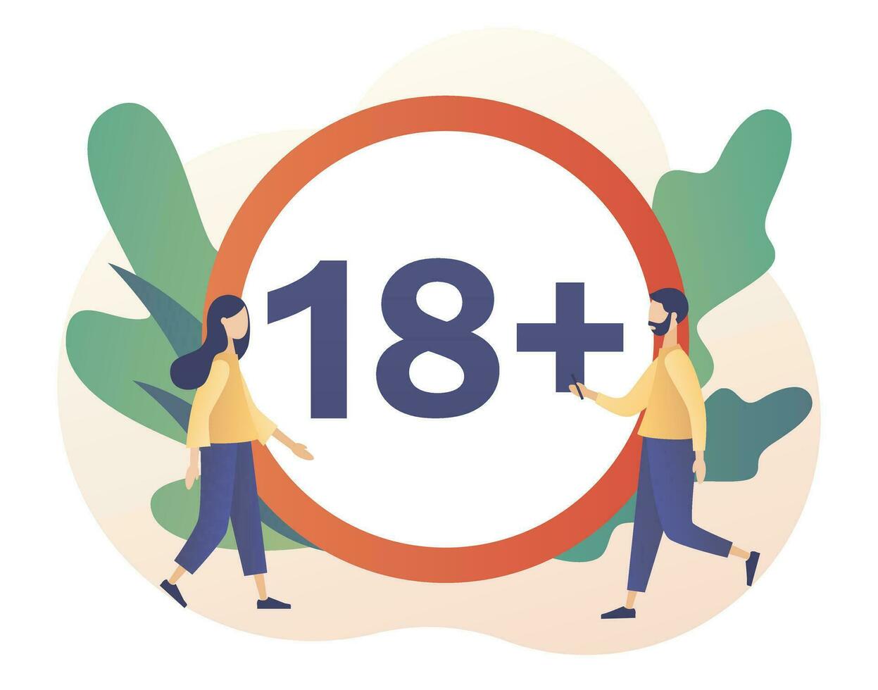 18 restriction sign. Age limit symbol. Adult only. Prohibition sign for people under eighteen years of age. Modern flat cartoon style. Vector illustration on white background