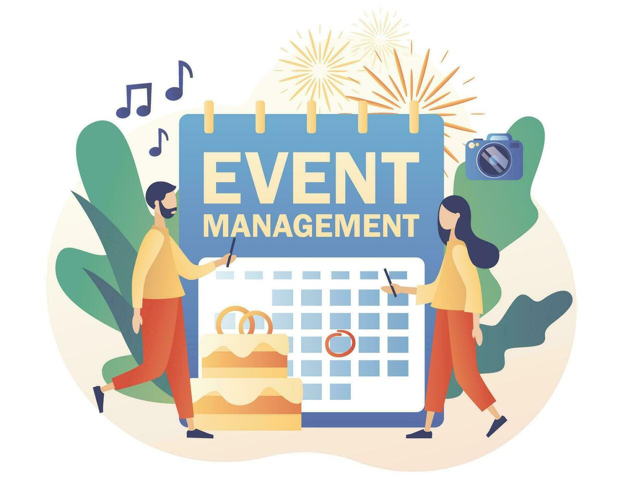 Event management. Wedding planner. Professional organizer. Manager planning event, conference or party. Schedule. Modern flat cartoon style. Vector illustration on white background