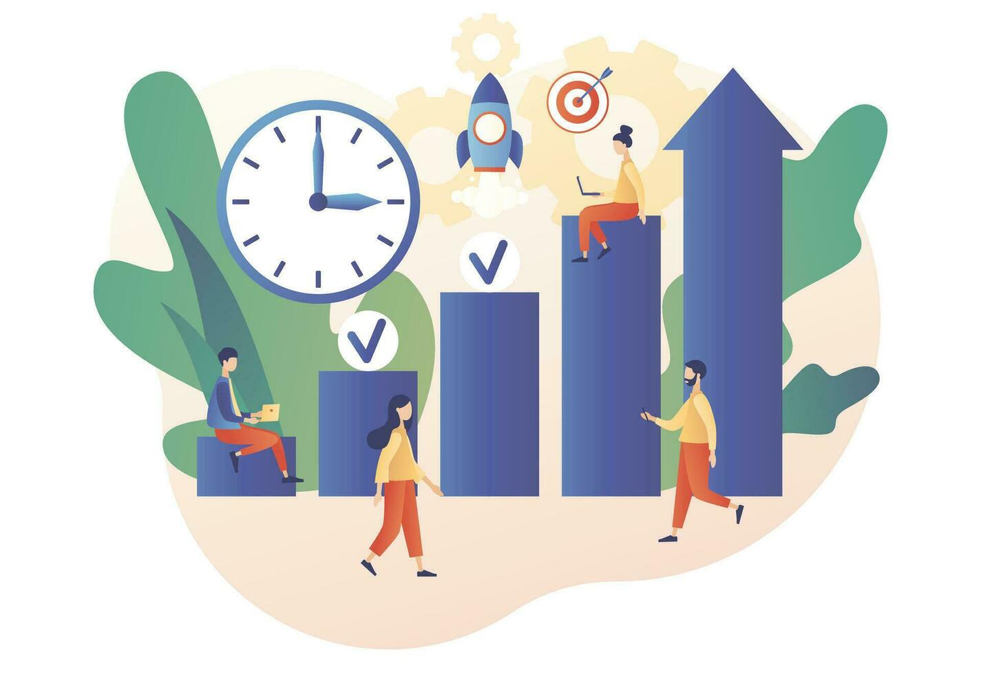 Productivity concept. Discipline, time management, employee performance and self-organization. Effective job planning. Modern flat cartoon style. Vector illustration on white background