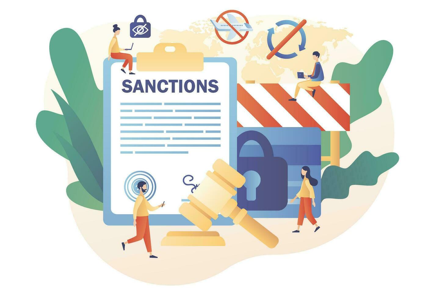 Economic sanctions. Protect International law. Country peace and security. Limit, ban or stop trading. Political concept. Modern flat cartoon style. Vector illustration on white background