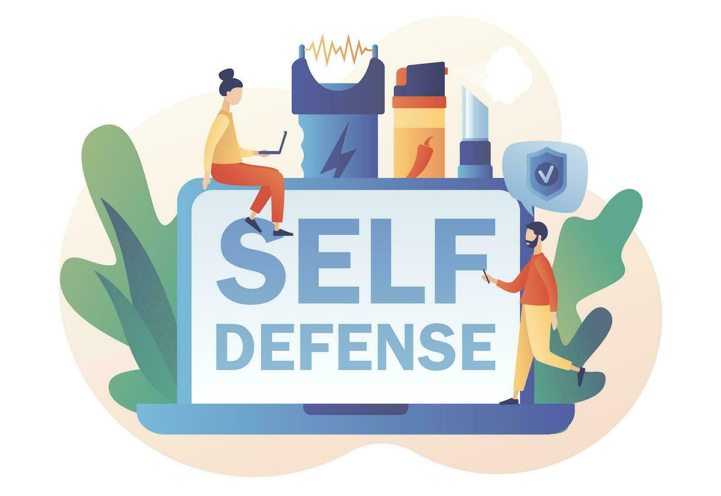 Self defense online. Tiny people arming against bandits and hooligans. Electric shock, pepper spray, brass knuckle, knife. Modern flat cartoon style. Vector illustration on white background