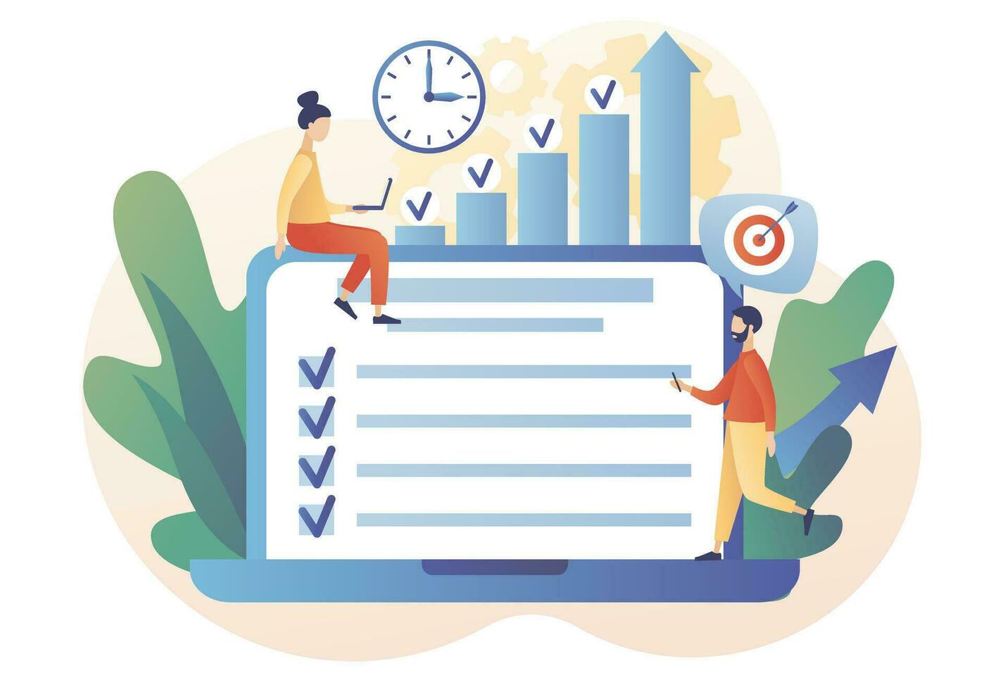 Productivity concept. Effective job planning online. Discipline, time management, employee performance and self-organization.Modern flat cartoon style. Vector illustration on white background