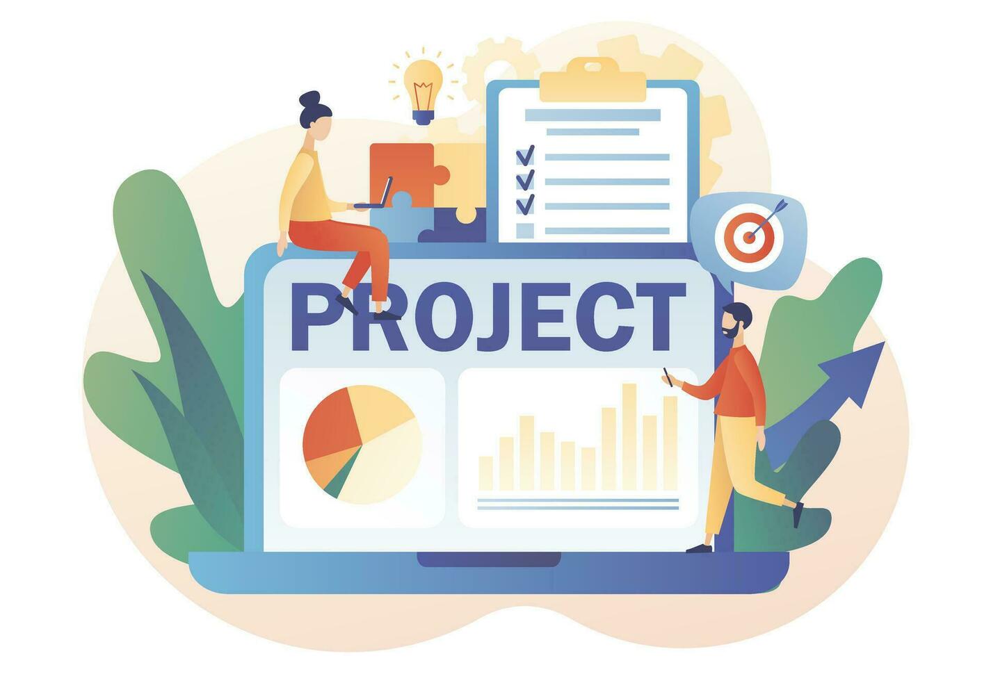 Project management. Successful strategy, motivation and leadership. Marketing analysis and development online. Modern flat cartoon style. Vector illustration on white background