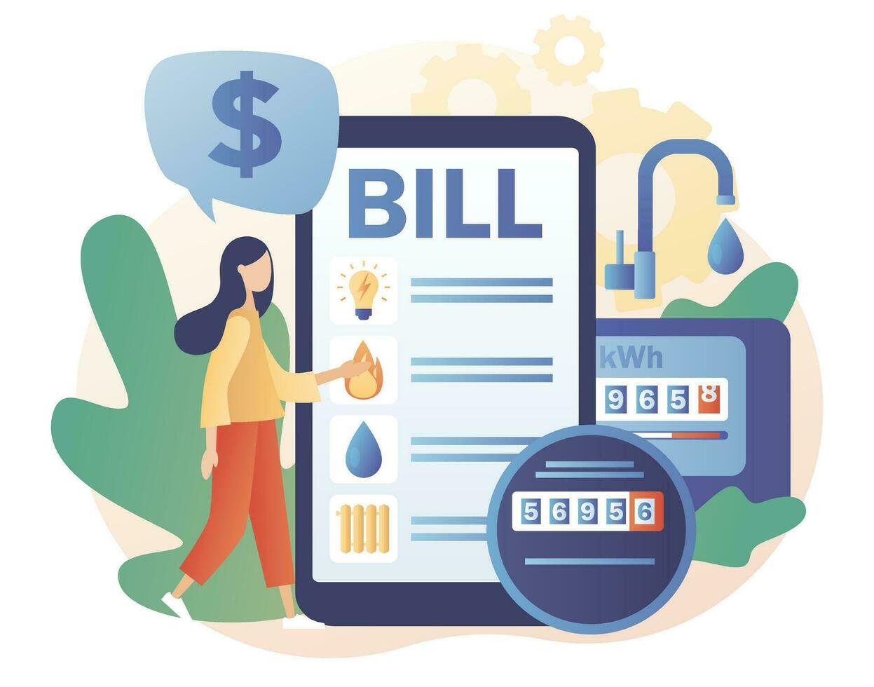 Household services. Utility bills in smartphone app. Regular payments as gas, water, electricity, heating. Saving resources concept. Modern flat cartoon style. Vector illustration on white background