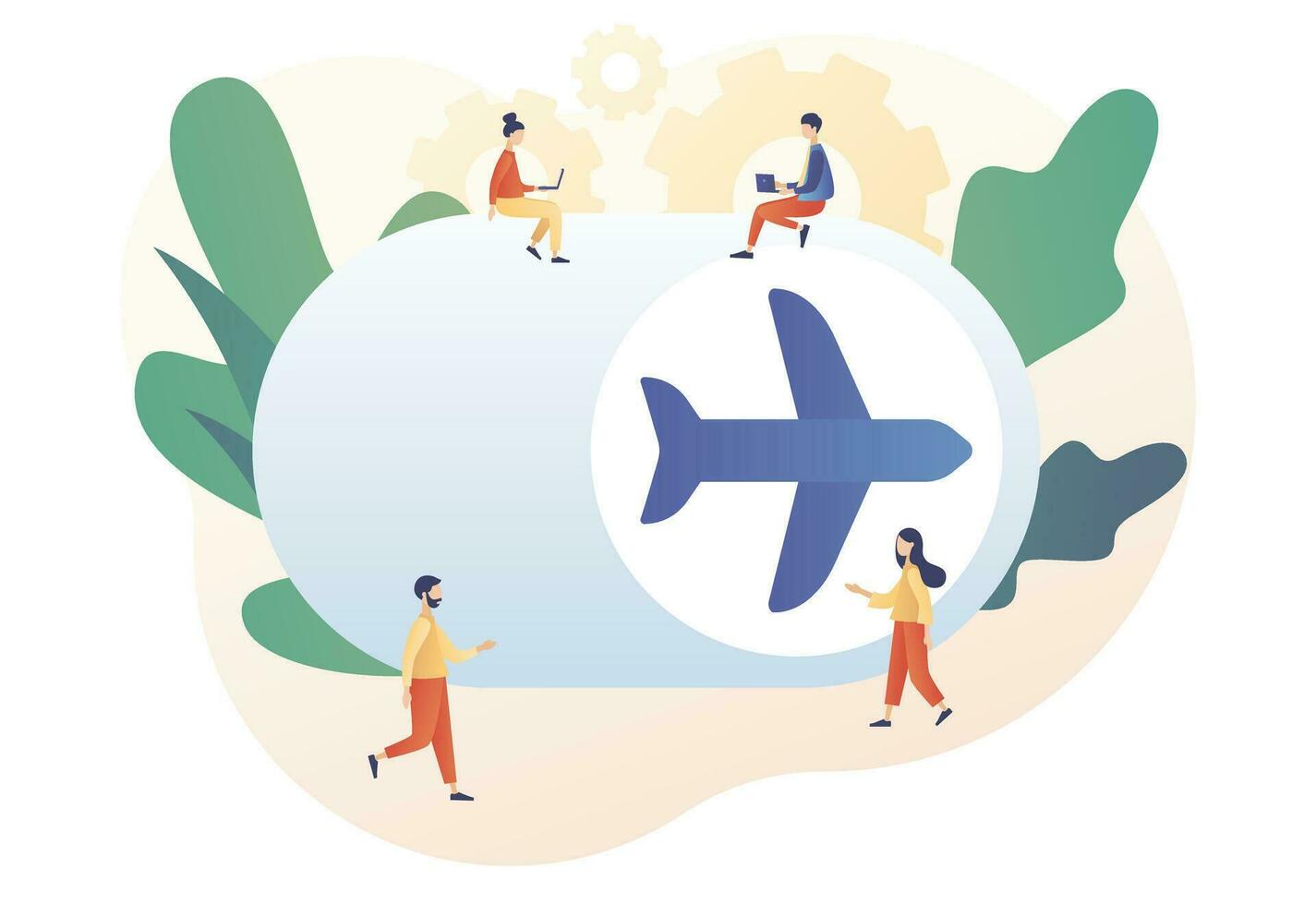 Tiny people and big flight mode button. Airplane mode concept. Info notification in air plane. Modern flat cartoon style. Vector illustration on white background