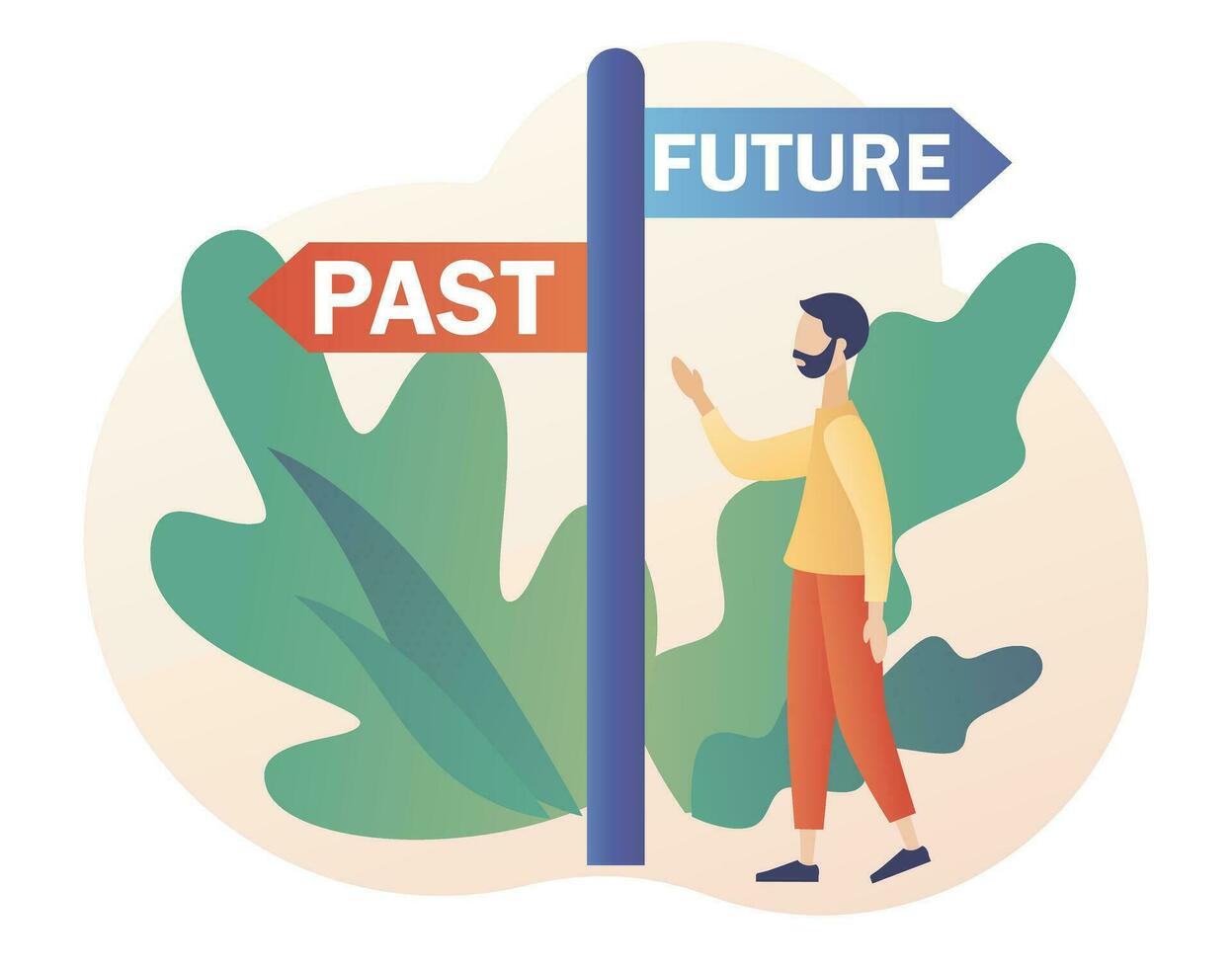 Past and future concept. Move forward metaphor. Tiny man choice between past and future. Business alternative.Modern flat cartoon style. Vector illustration on white background