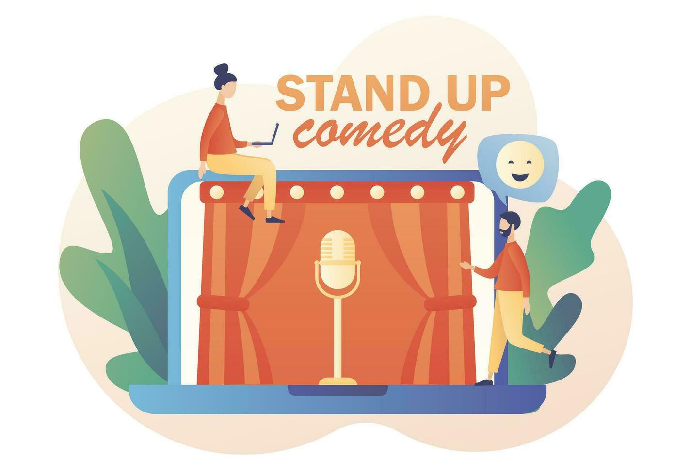 Stand Up comedy show online. Invitation to Comedy concert. Open mic. Modern flat cartoon style. Vector illustration on white background