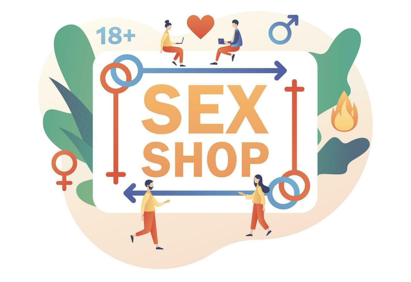 sexo tienda bandera. adulto almacenar. hembra y masculino sexo símbolo. erótico concepto. moderno plano dibujos animados estilo. vector ilustración en blanco antecedentes