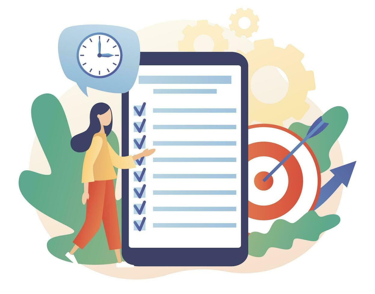 Productivity concept. Effective job planning in smatphone app. Discipline, time management, employee performance and self-organization. Modern flat cartoon style. Vector illustration