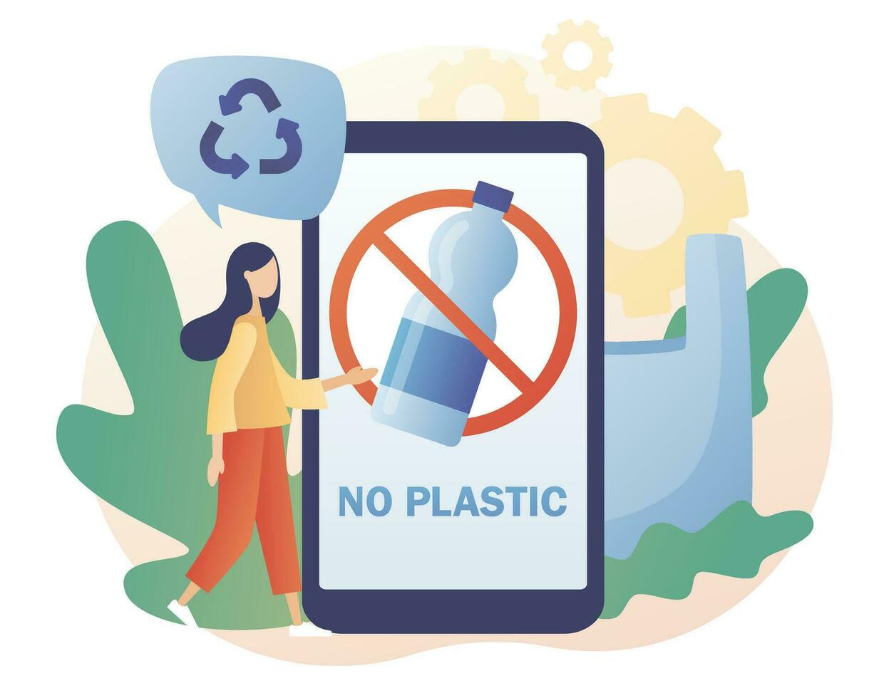 No el plastico firmar en teléfono inteligente pantalla. reducir contaminación. ambiental concepto. minúsculo personas en contra el plastico basura. moderno plano dibujos animados estilo. vector ilustración en blanco antecedentes