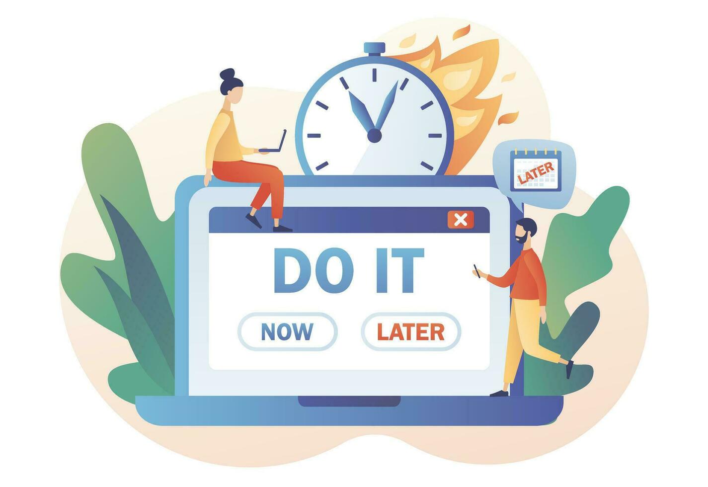 Do it later. Tiny people procrastinating instead of working. Procrastination concept. Unprofitable time spending, useless pastime. Lazy, unproductive. Modern flat cartoon style. Vector illustration