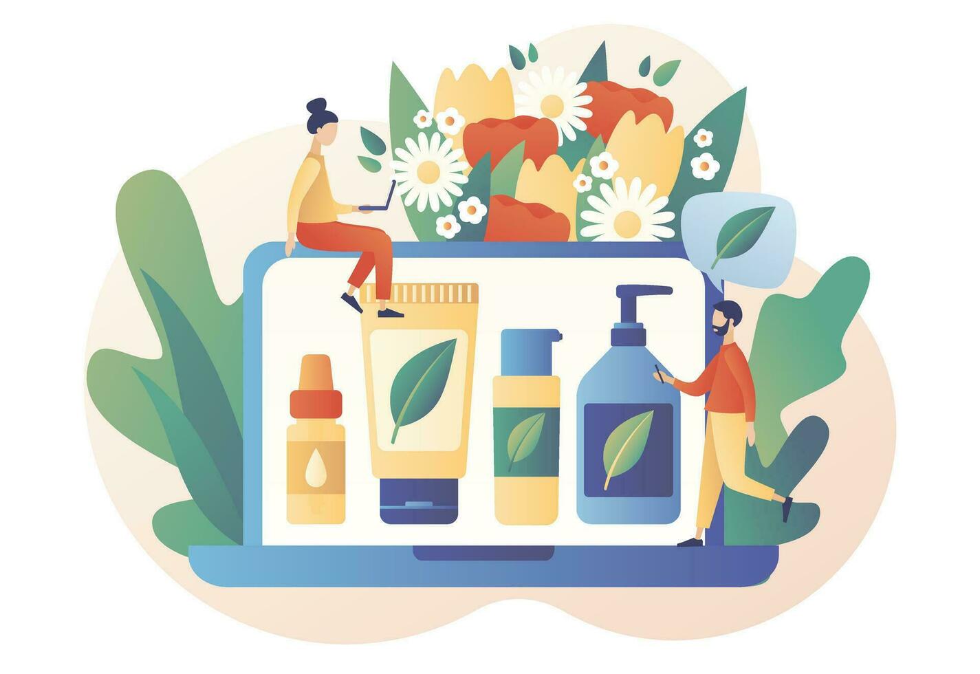 natural orgánico cosmético productos en botellas, frascos, tubos para protección de la piel y pelo cuidado en ordenador portátil pantalla. orgánico productos cosméticos concepto. moderno plano dibujos animados estilo. vector ilustración en blanco antecedentes