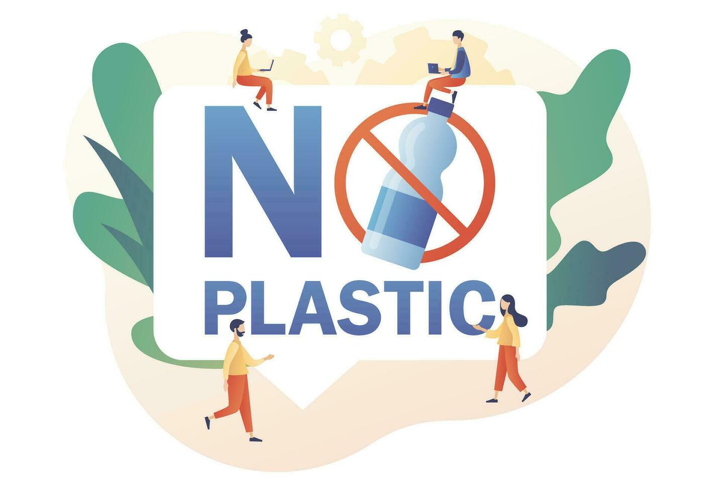 No el plastico signo. reducir contaminación. ambiental concepto. minúsculo personas protesta en contra el plastico basura. moderno plano dibujos animados estilo. vector ilustración en blanco antecedentes