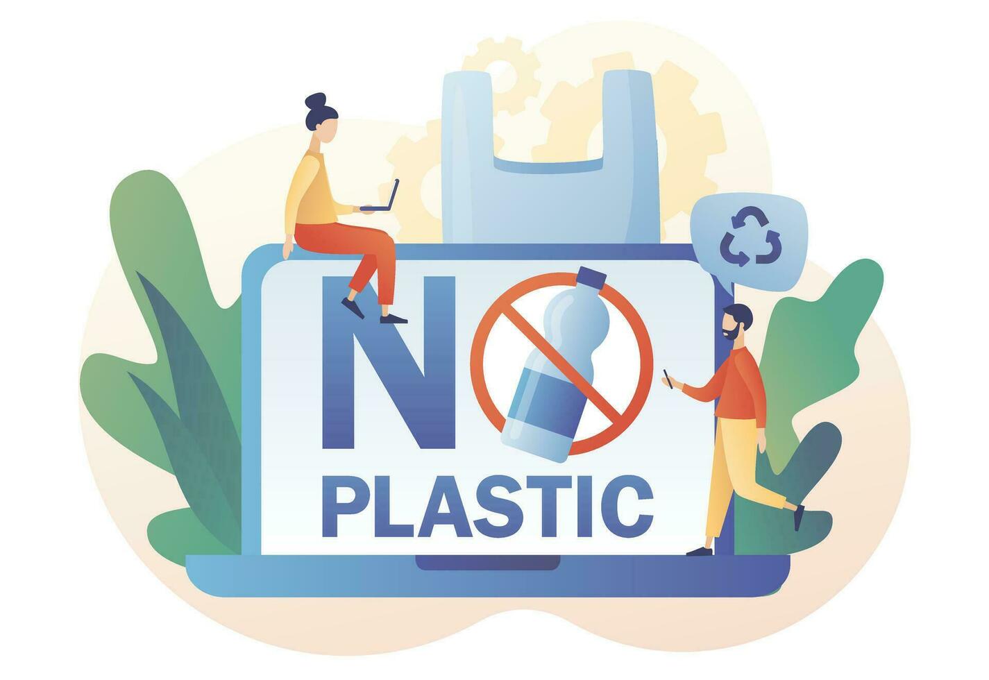 No plastic sign on laptop screen. Reduce pollution. Environmental concept. Tiny people against plastic garbage. Modern flat cartoon style. Vector illustration on white background