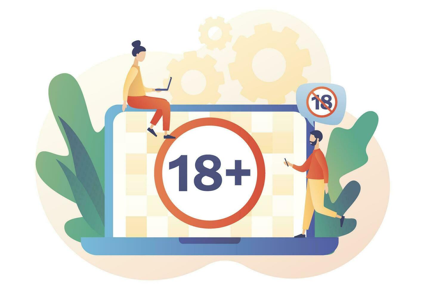18 restriction sign on laptop screen. Adult only. Age limit symbol. Prohibition sign for people under eighteen years of age. Modern flat cartoon style. Vector illustration on white background