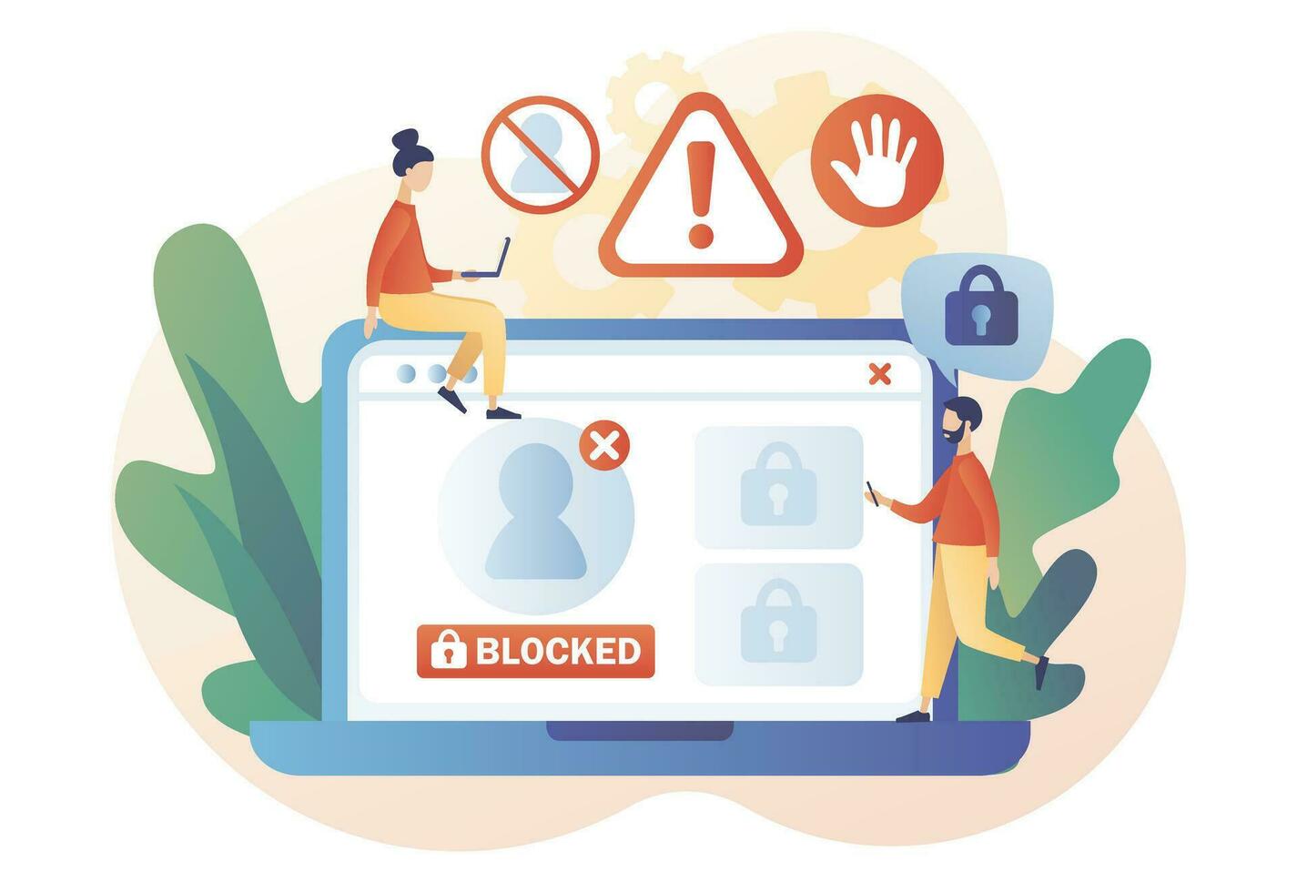 Account blocked. Hacker cyber attack, censorship or ransomware activity security. Data protection concept. Cyber crime. Modern flat cartoon style. Vector illustration on white background