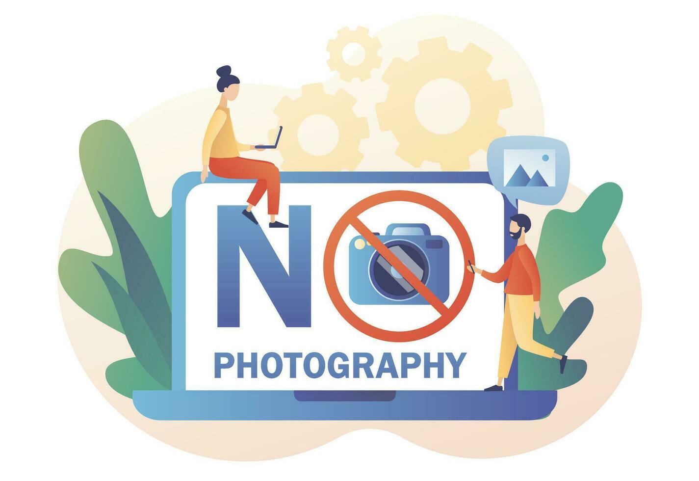 Red sign No camera on laptop screen. No photography icon. No pictures. Modern flat cartoon style. Vector illustration on white background