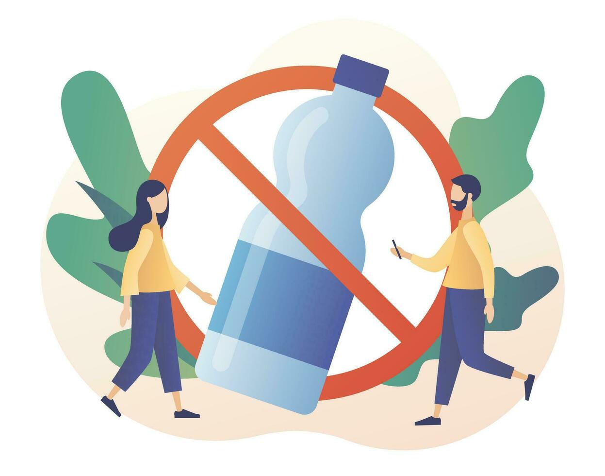 No plastic sign. Reduce pollution. Environmental concept. Tiny people against plastic garbage. Modern flat cartoon style. Vector illustration on white background