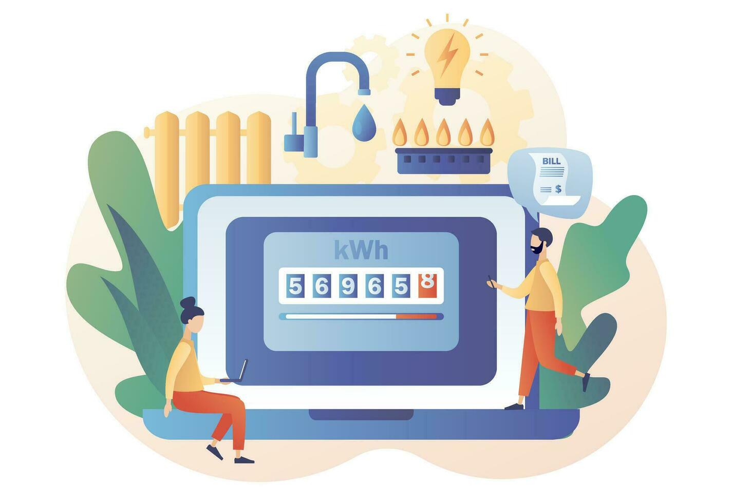 Household services online. Utility bills. Regular payments as gas, water, electricity, heating. Saving resources concept. Modern flat cartoon style. Vector illustration on white background