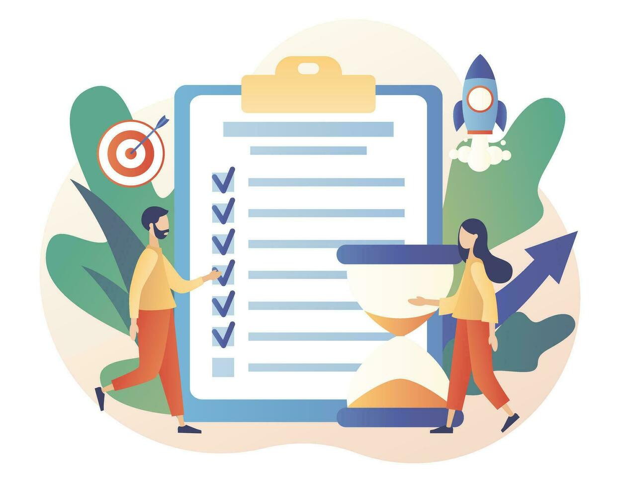 Productivity concept. Discipline, time management, employee performance and self-organization. Effective job planning. Modern flat cartoon style. Vector illustration on white background