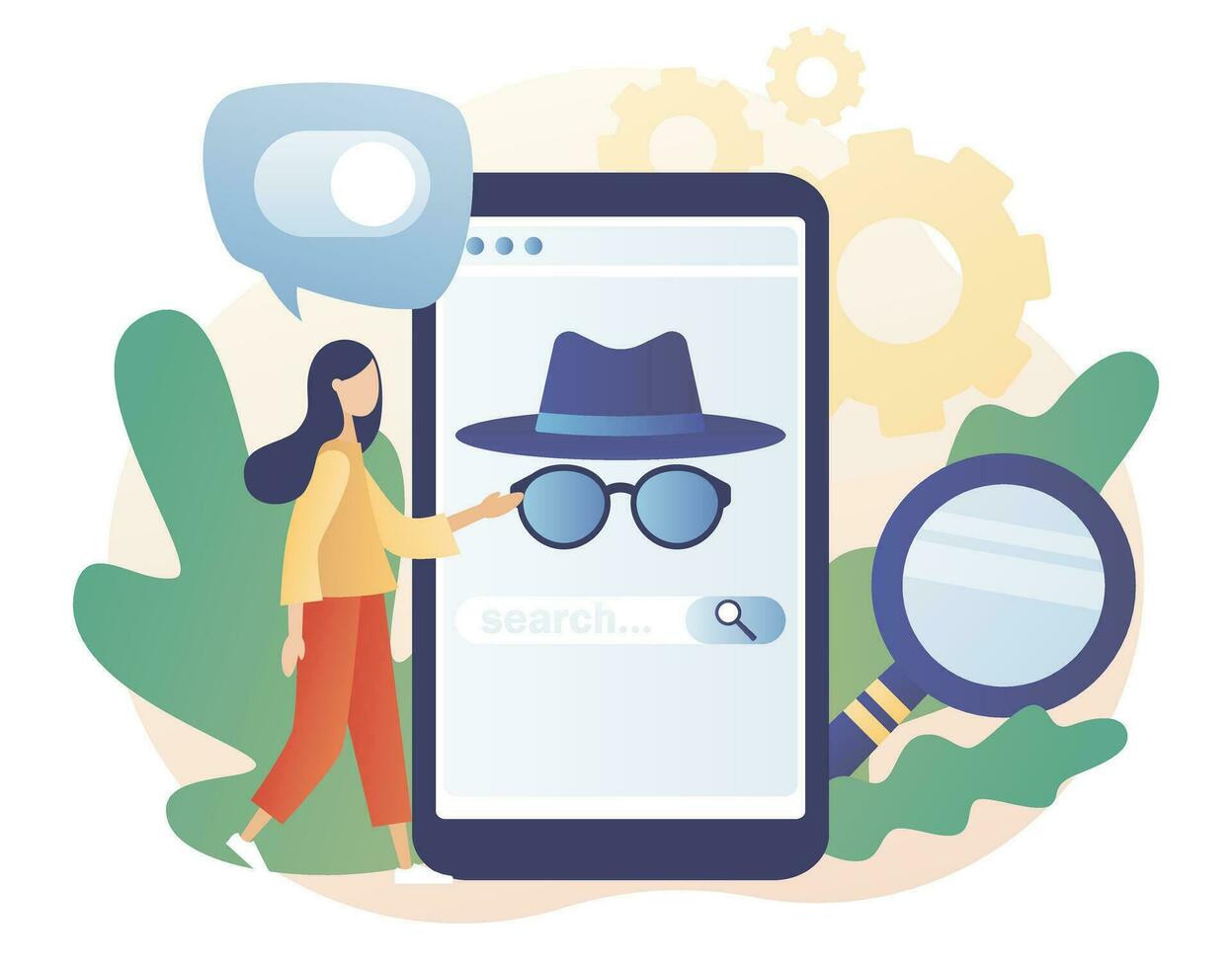 Incognito mode concept. Anonymous search in smartphone app. Browse in private. Online privacy and personal data protection. Confidential information. Modern flat cartoon style. Vector illustration