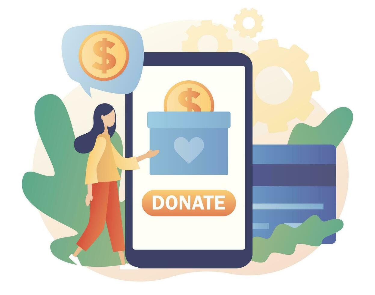 Tiny woman donating money. Donation money. Volunteer putting coins in donation box in smartphone app. Online charity, financial support concept. Modern flat cartoon style. Vector illustration