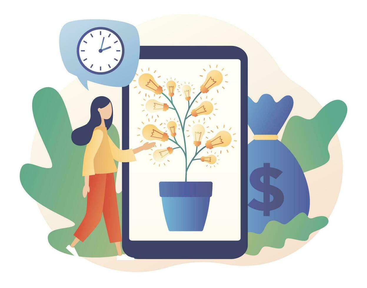Money for ideas. Tree of ideas. Tiny people sell business idea. Investment in creative project or startup company. Modern flat cartoon style. Vector illustration on white background