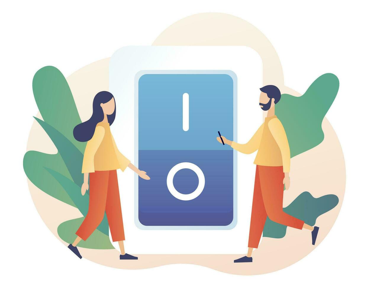 Characters turning off and turning on devices. On Off button concept. Tiny people press switch. Save energy. Modern flat cartoon style. Vector illustration on white background