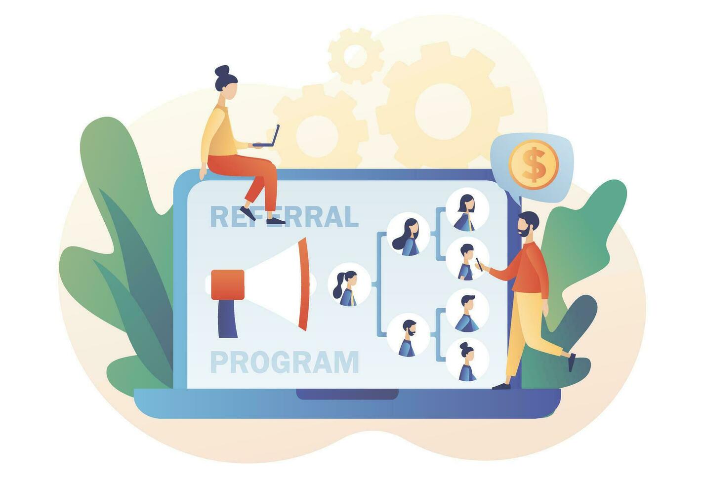 Refer a friend concept. Referral program strategy. Social media marketing. Network marketing. Business partnership. Modern flat cartoon style. Vector illustration on white background