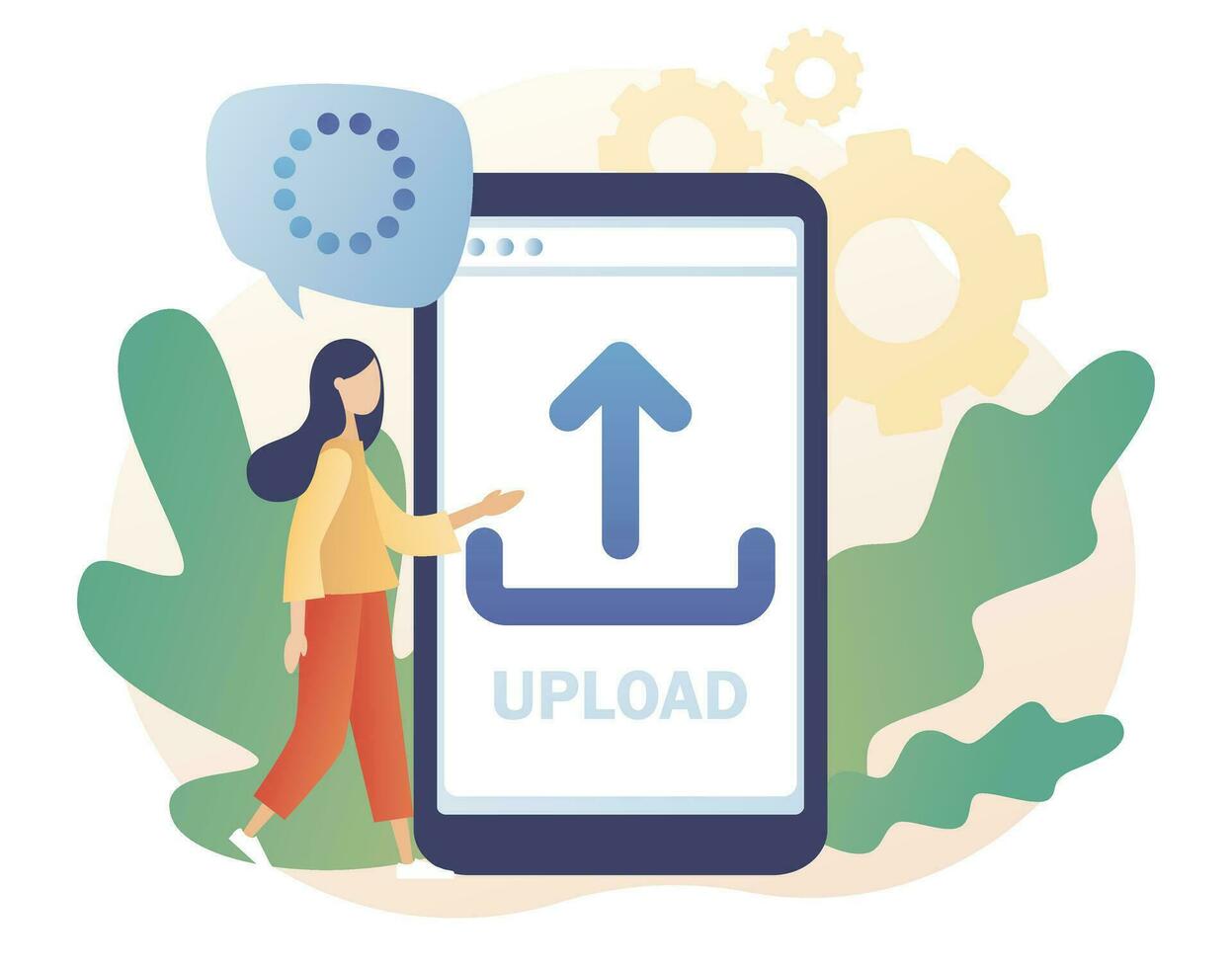 Upload symbol. Tiny woman uploading data, files from smartphone. Load sign. Data exchange concept. Modern flat cartoon style. Vector illustration on white background