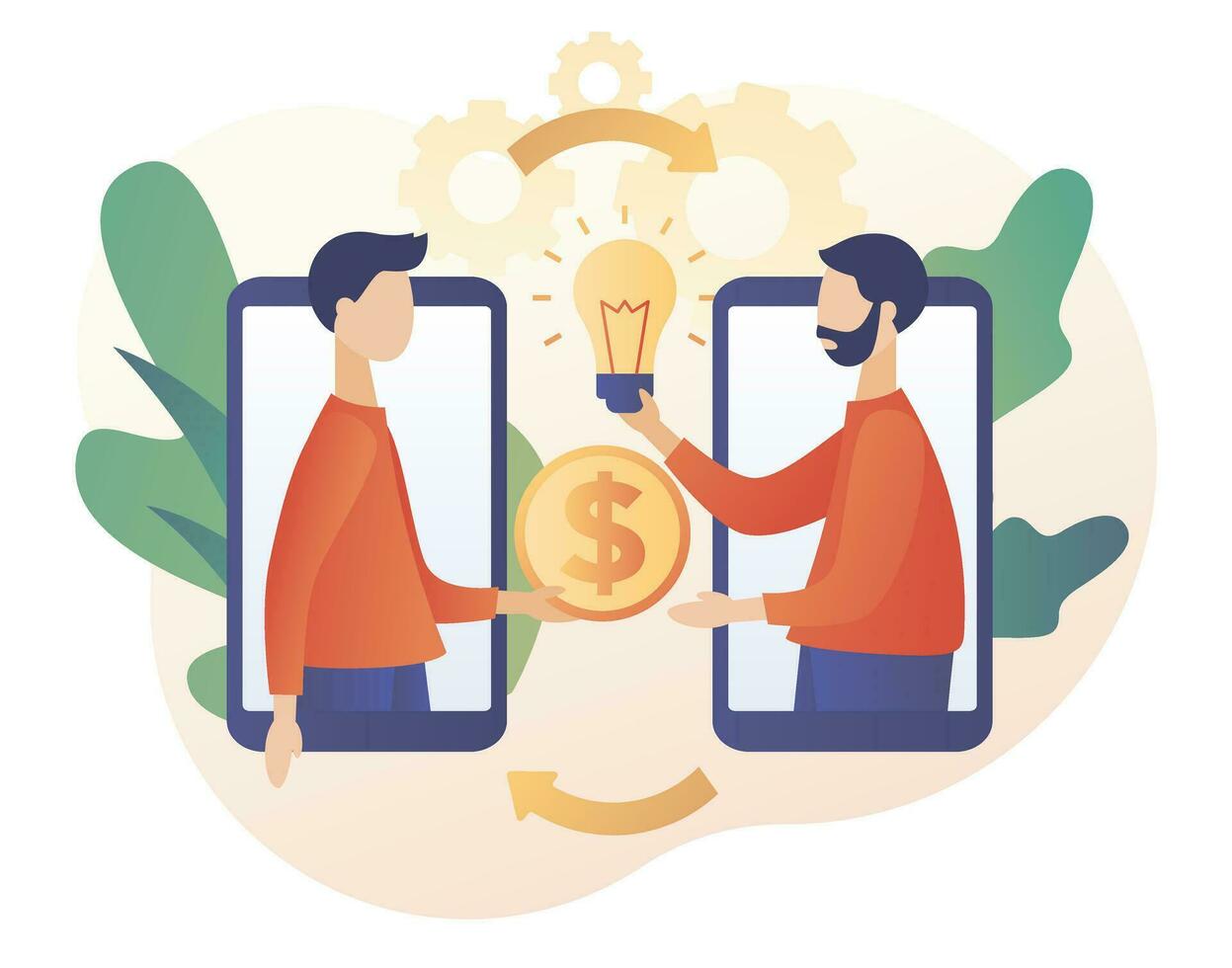 Money for ideas. Exchange light bulb for coin. Tiny people sell business idea. Investment in creative project or startup company. Modern flat cartoon style. Vector illustration on white background