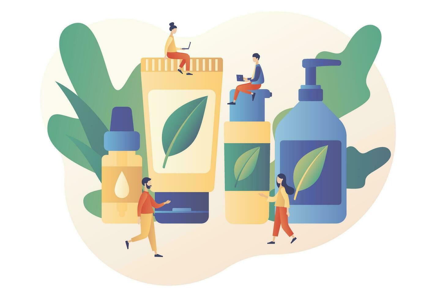 natural orgánico cosmético productos en botellas, frascos, tubos para protección de la piel y pelo cuidado. orgánico productos cosméticos concepto. moderno plano dibujos animados estilo. vector ilustración en blanco antecedentes