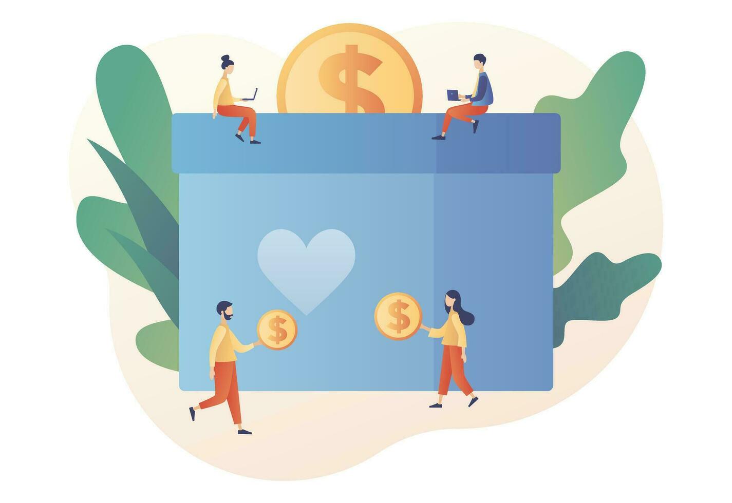 Tiny people donating money. Donation money. Volunteers putting coins in donation box. Online charity, financial support concept. Modern flat cartoon style. Vector illustration on white background
