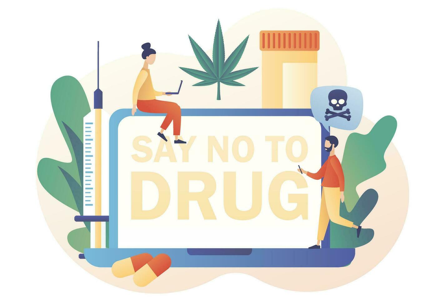 International day against drug abuse. Say no to drug. Addiction treatment, narcotic addict medication. Modern flat cartoon style. Vector illustration on white background
