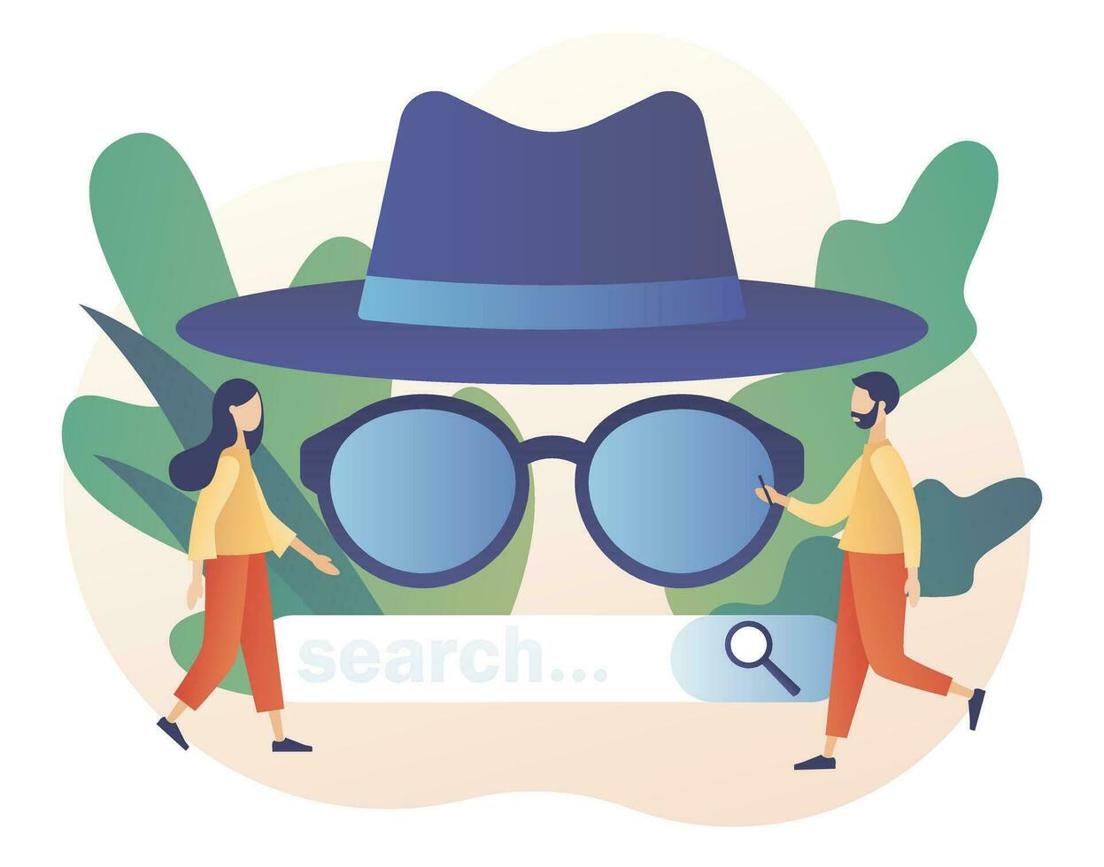 Incognito mode concept. Anonymous search. Browse in private. Online privacy and personal data protection. Confidential information. Modern flat cartoon style. Vector illustration on white background