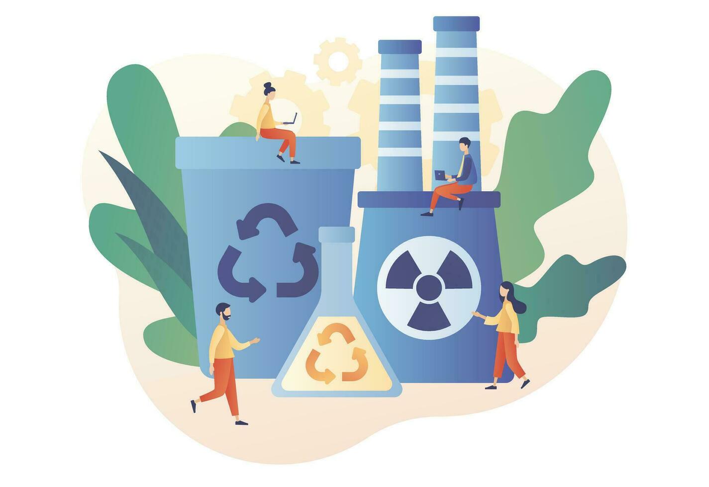 Chemical recycling. Hazardous waste management. Chemical trash disposal and utilization. Plastics recycling method. Modern flat cartoon style. Vector illustration on white background