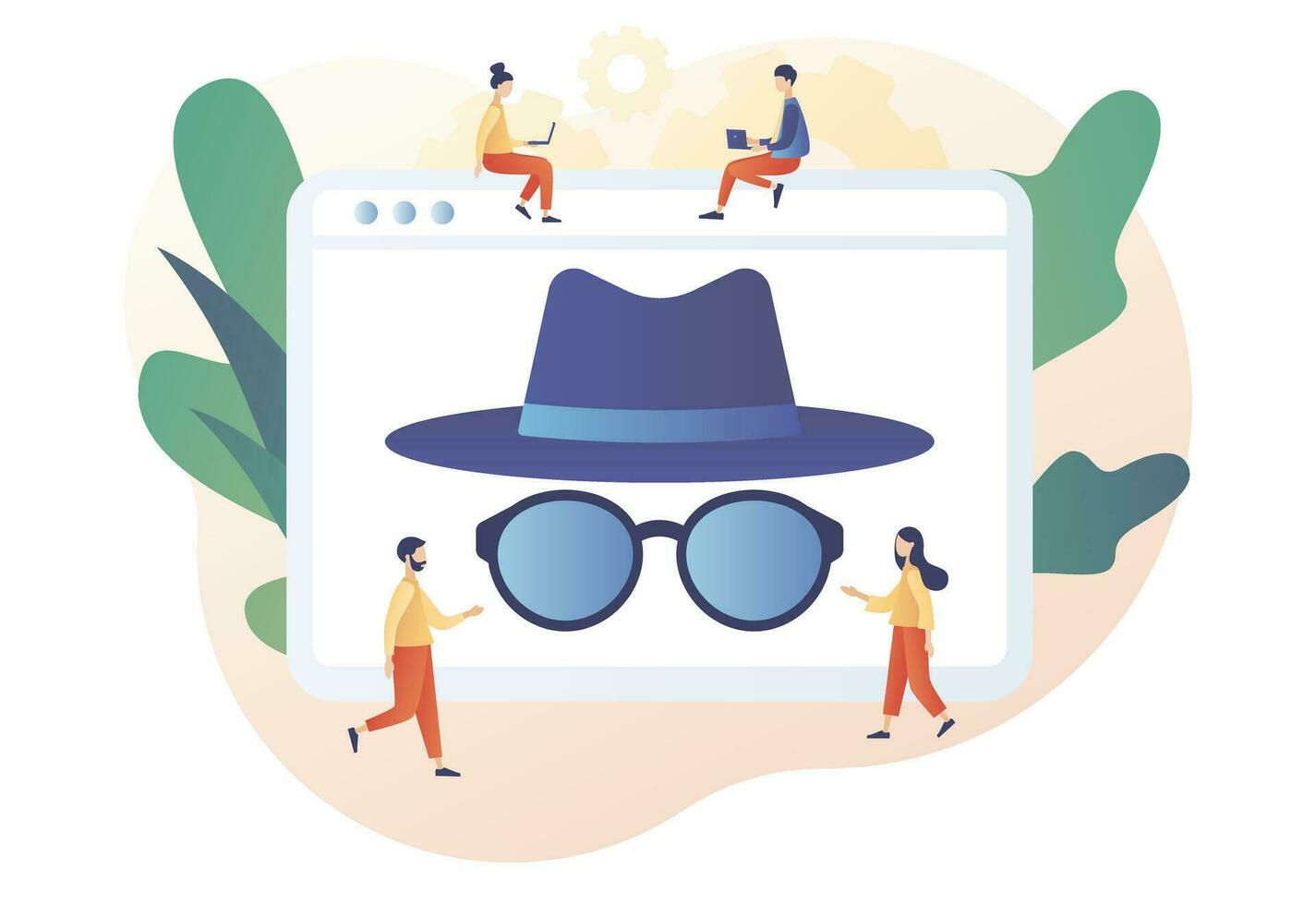 Incognito mode concept. Anonymous search. Browse in private. Online privacy and personal data protection. Confidential information. Modern flat cartoon style. Vector illustration on white background