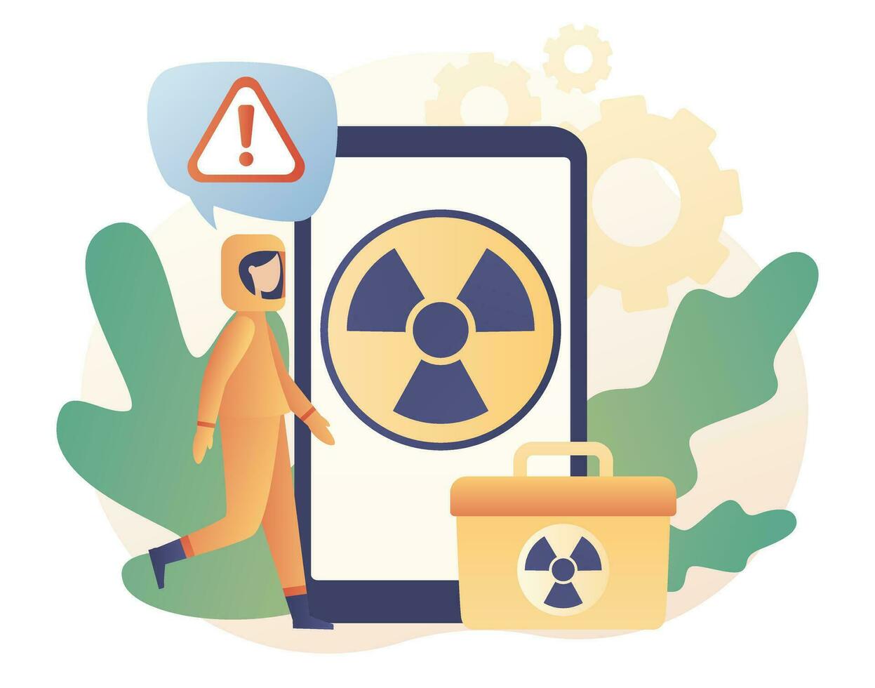 Tiny people in radioactive protection suit. Radiation warning sign on smartphone screen. Nuclear toxic waste concept. Modern flat cartoon style. Vector illustration on white background