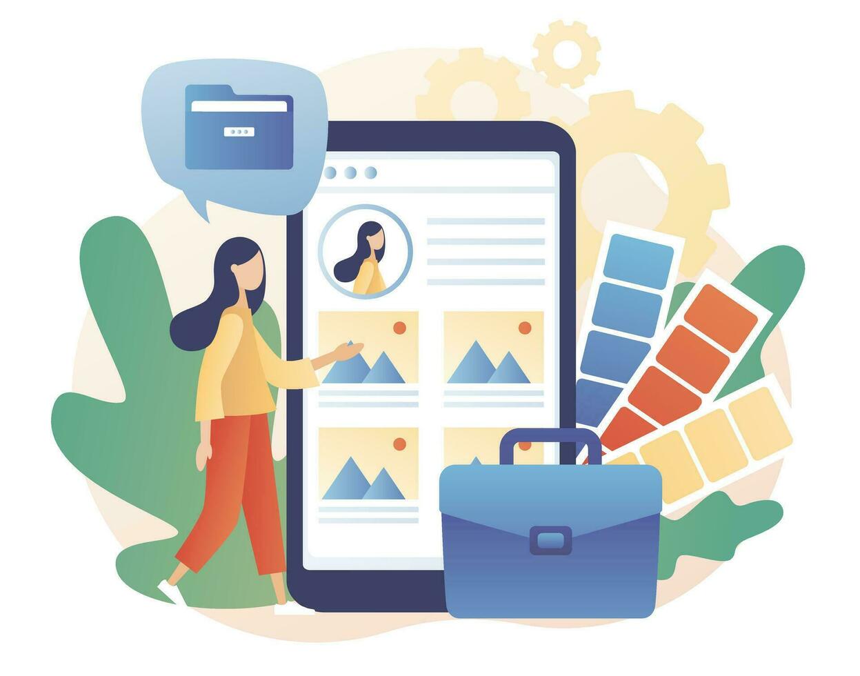 Briefcase with work gallery and file collection in smartphone app. Portfolio concept. Preview folder presentation artist, designer or photographer. Modern flat cartoon style. Vector illustration