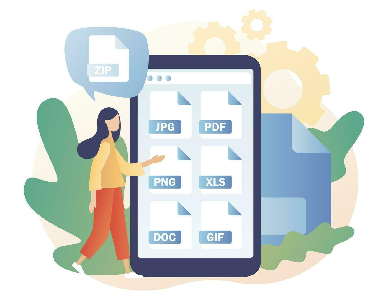 Various file formats in smartphone. File type jpg, pdf, doc, zip, gif, xls, png. Extension of electronic documents. Modern flat cartoon style. Vector illustration on white background