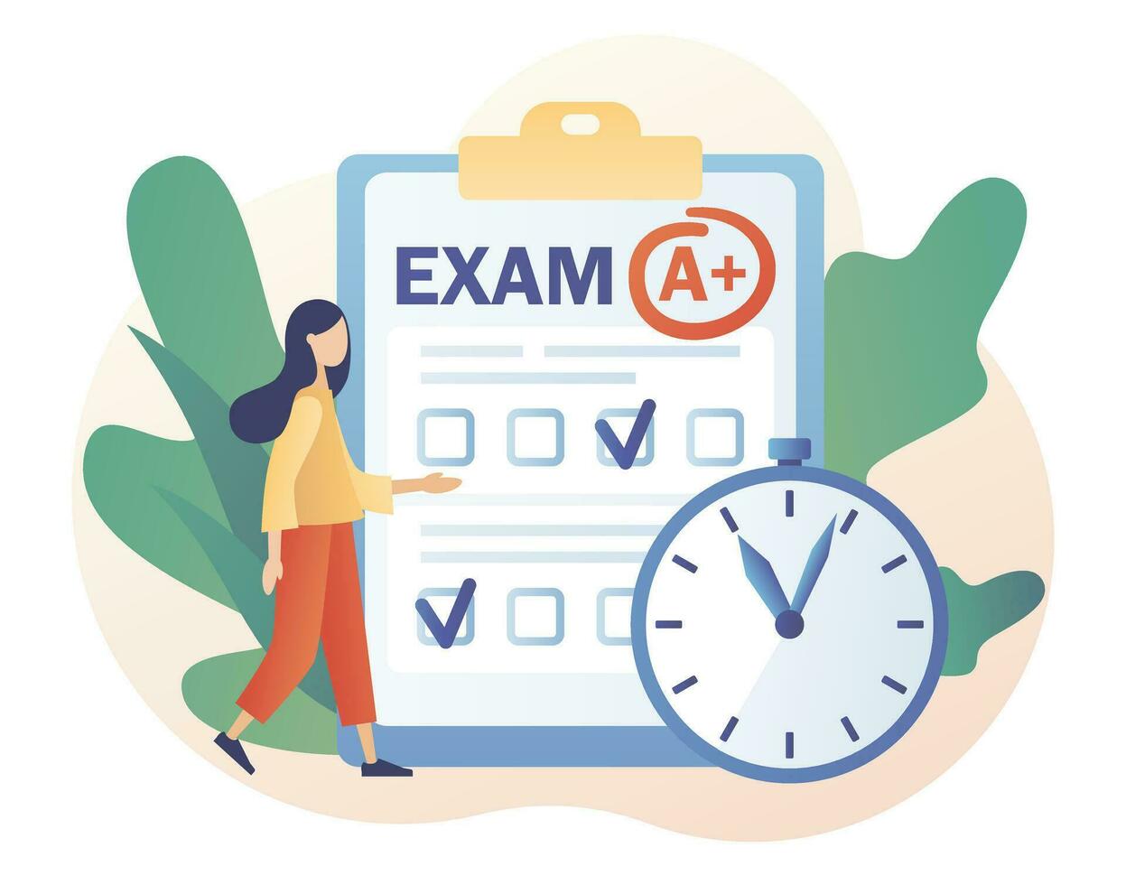 Exam concept. Education, studying, Digital elearnning, degree, graduate concept. Tiny girl student with test exam result. Modern flat cartoon style. Vector illustration on white background