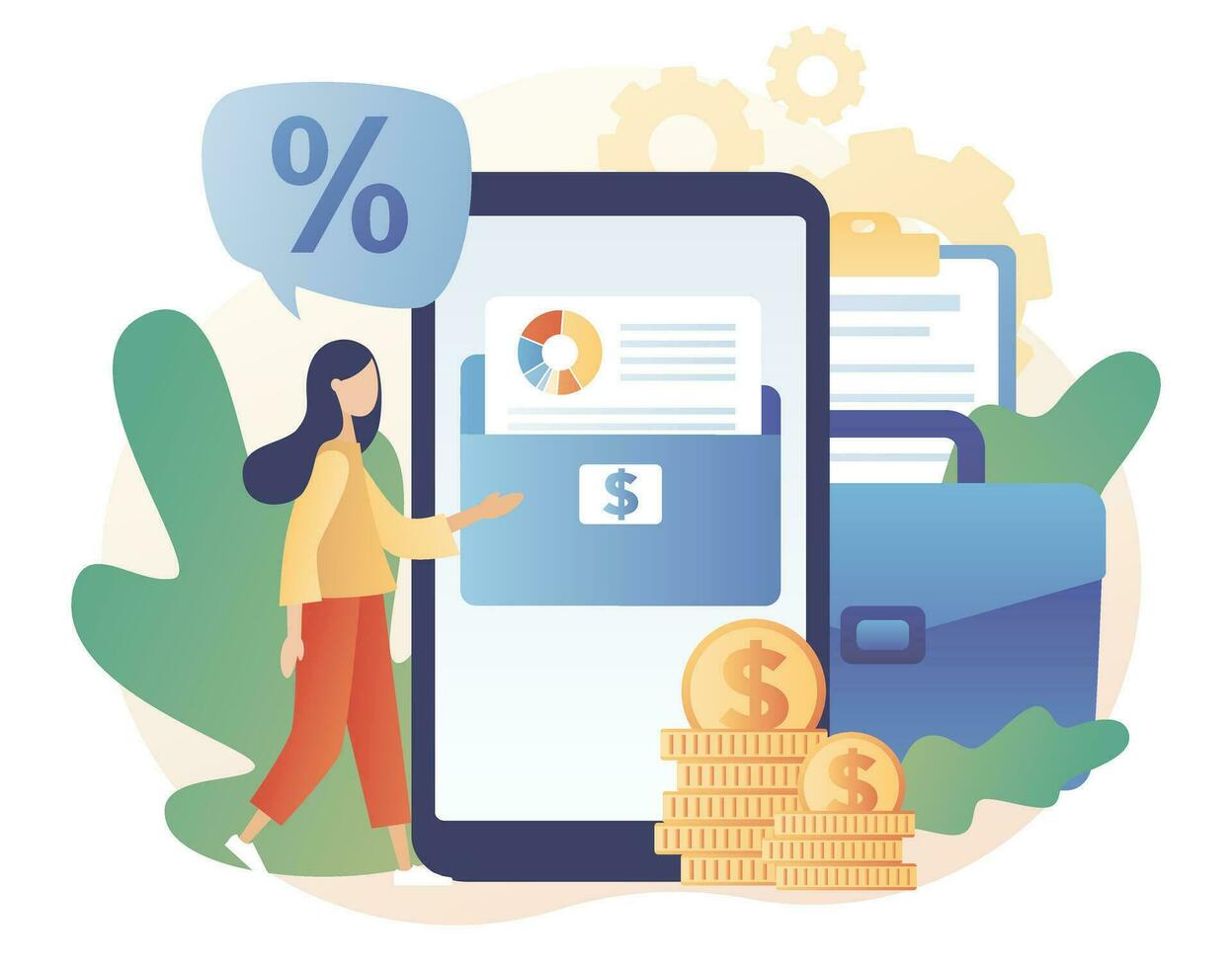 Tiny woman with stock portfolio planning invest strategy, savings and budgets. Investment portfolio in smartphone app. Diversified assets. Financial management concept. Modern flat cartoon style. Vect vector