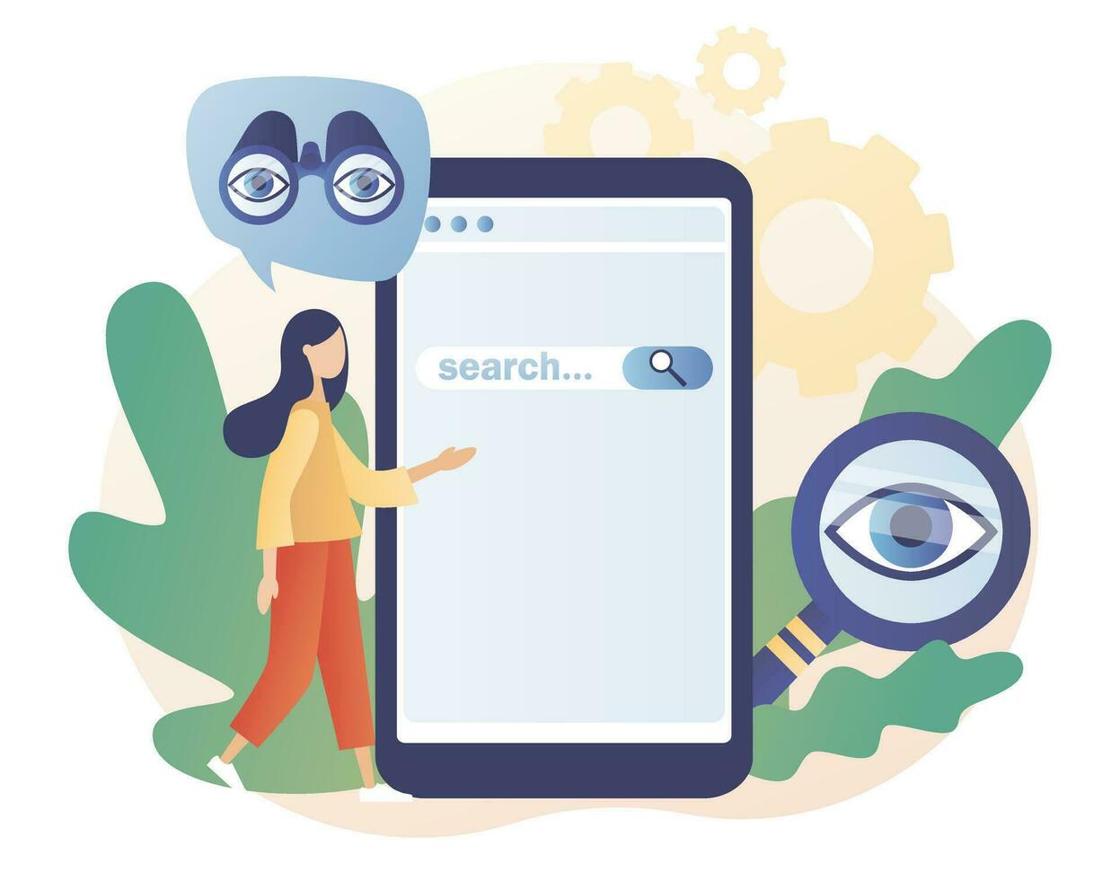 Tiny woman browsing online information, surfing internet with binocular, magnifying glass in smartphone app. Search bar. SEO concept. Modern flat cartoon style. Vector illustration on white background