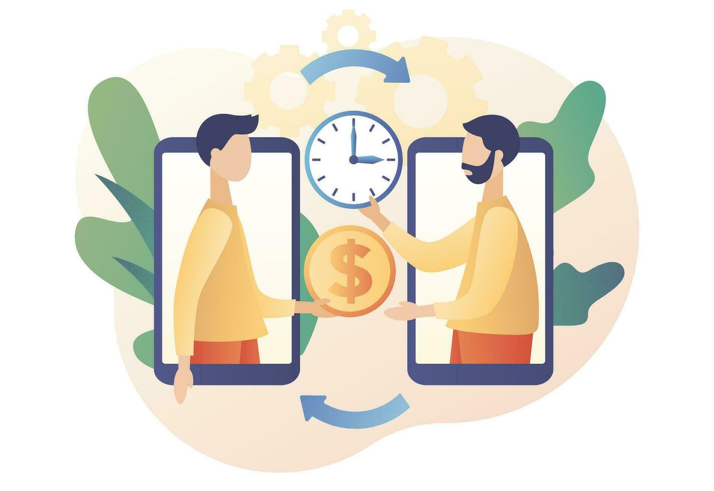 Time is money. Tiny people businessmen exchange time for money. Business concept. Time management. Modern flat cartoon style. Vector illustration on white background