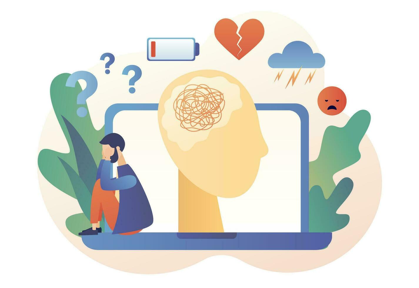 Depressed man sitting on laptop. Depression mental. Mental health and psychotherapy concept. Anxiety, stress, emotional burnout and other psychological problems. Modern flat cartoon style. Vector